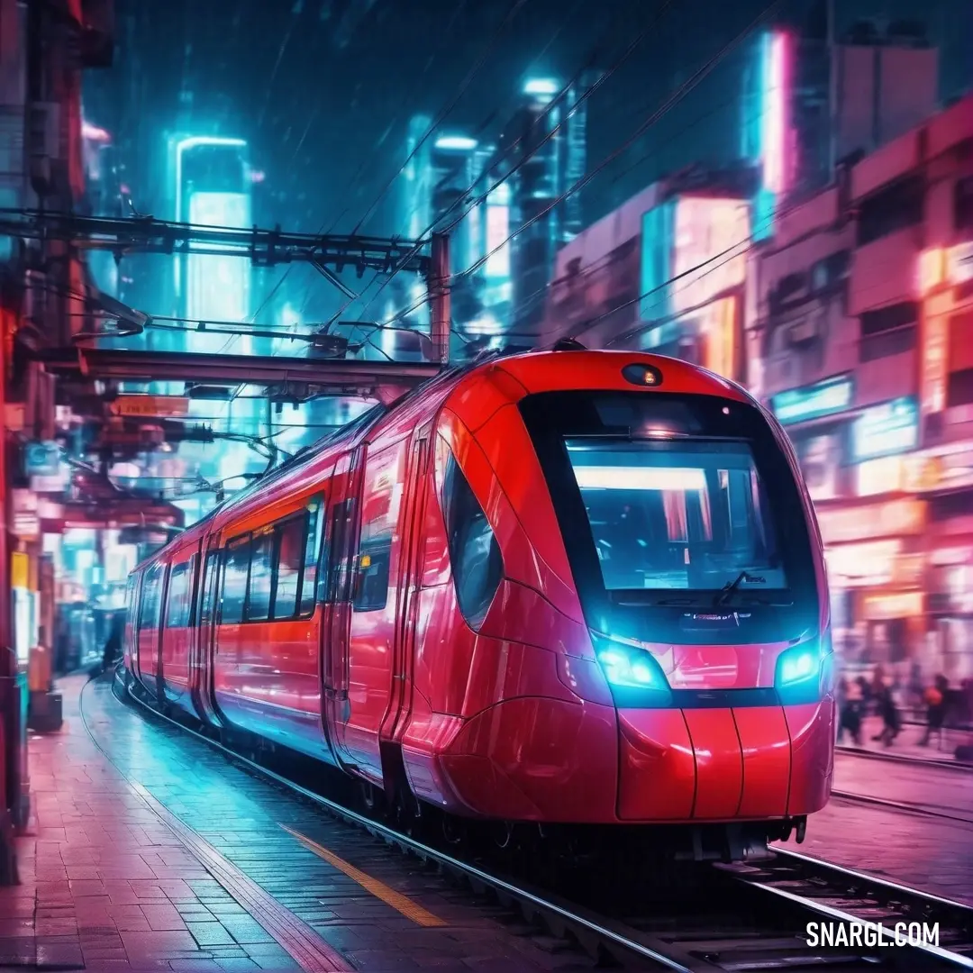 Red train traveling down train tracks next to tall buildings at night time with neon lights on the buildings. Color Utah Crimson.