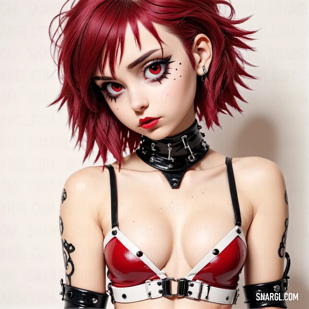 Woman with red hair and black leather outfit with a choker and collar on her chest. Example of #D3003F color.