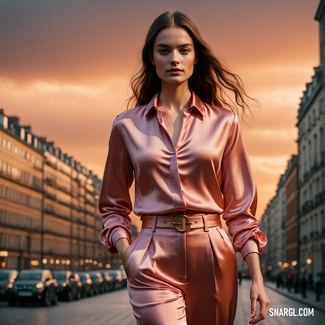 Woman in a pink suit walking down a street at sunset or dawn