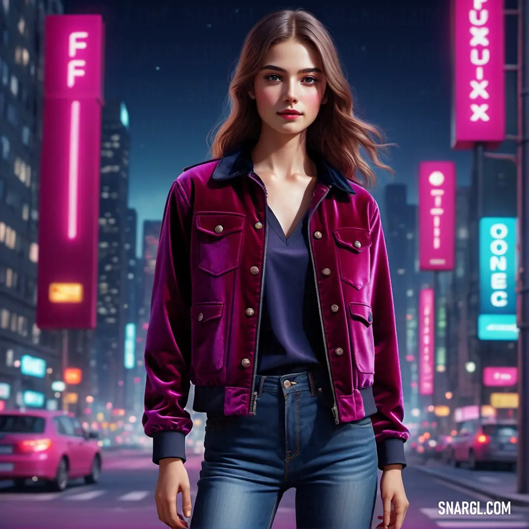 Woman in a purple jacket standing on a city street at night with neon signs in the background and a city street with cars