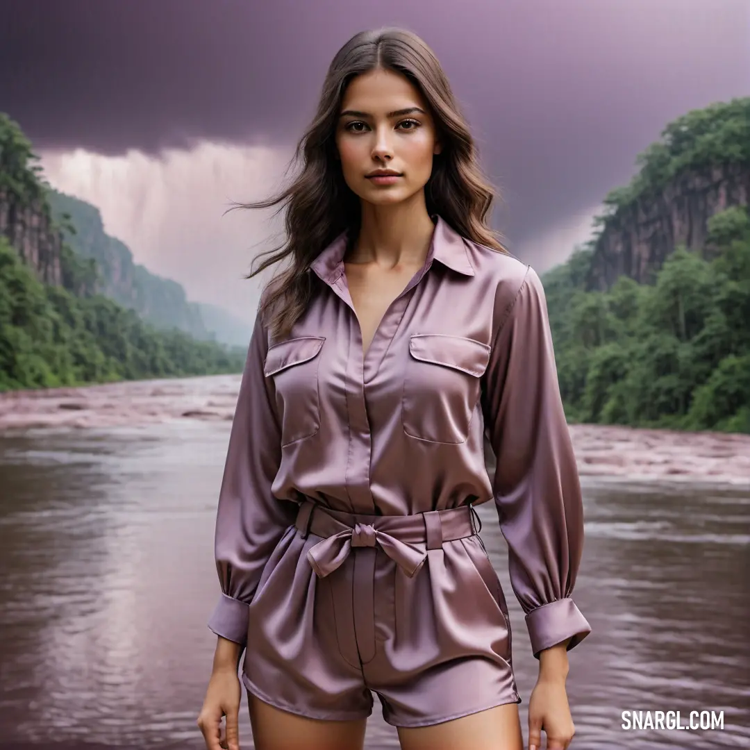 Woman in a short playsuit standing in front of a river and mountains with a storm in the background
