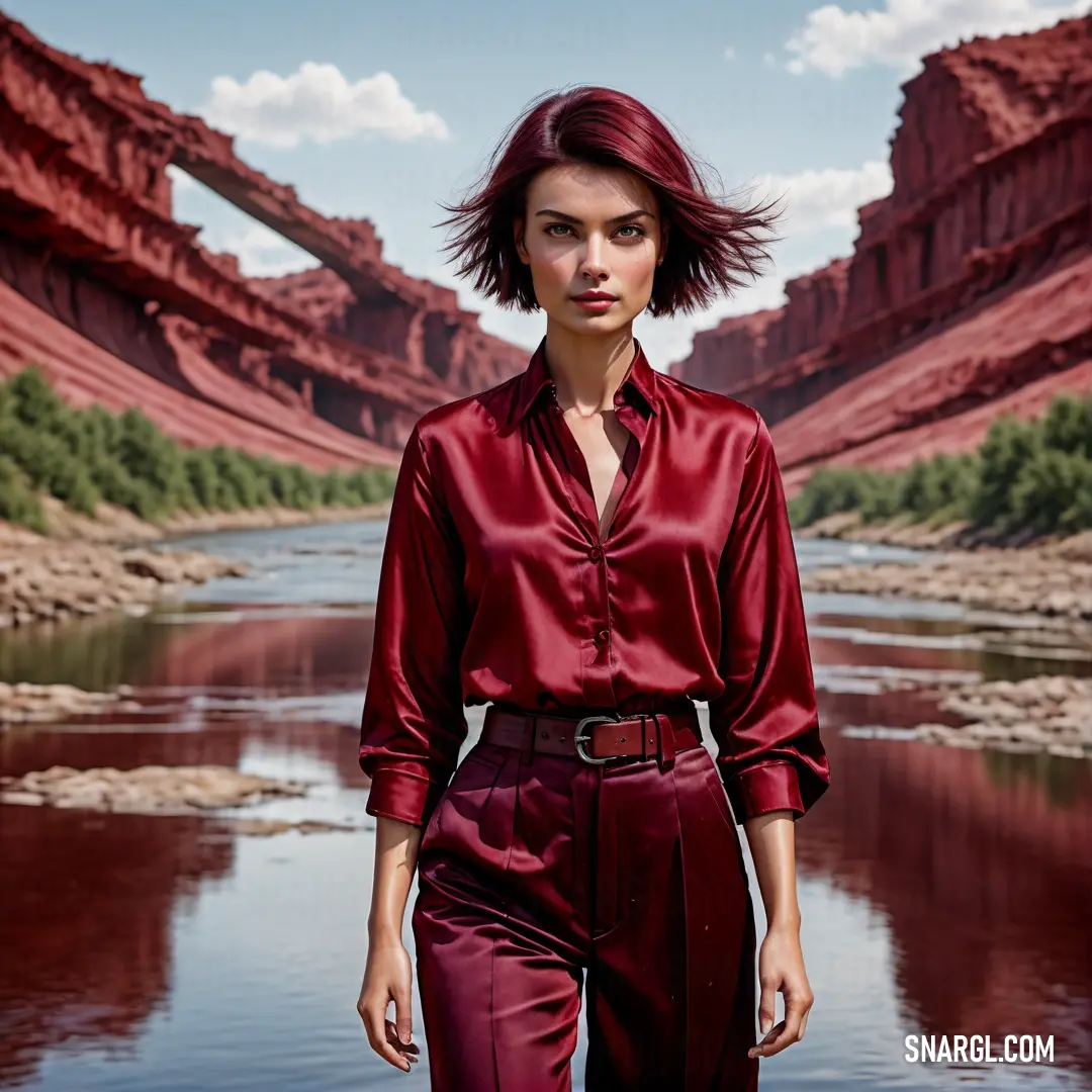 Woman with red hair walking down a river in a red shirt and pants with a red river running between her