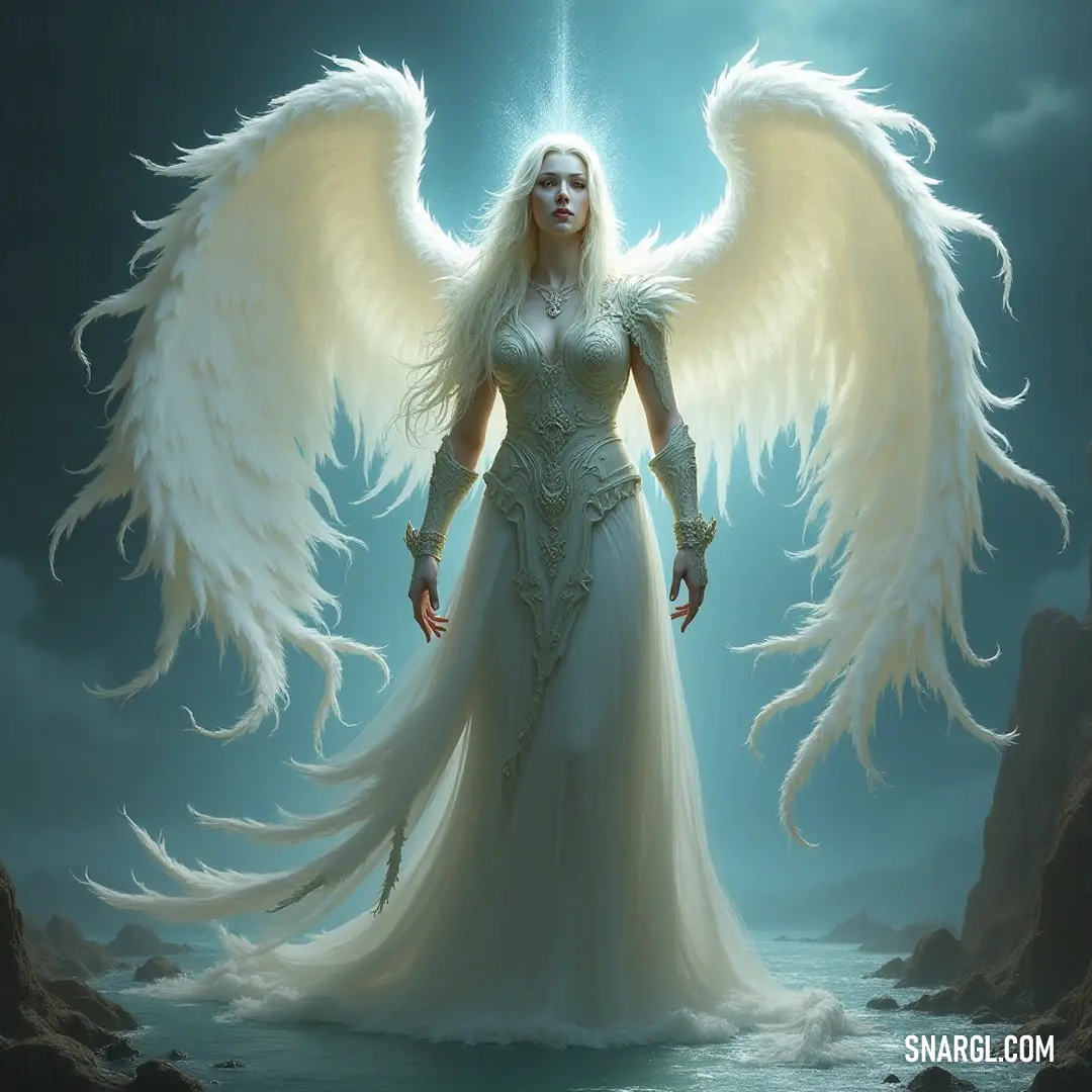 In a moment of tranquility, Uzziel with her white wings captures the essence of serenity as she stands by a tranquil river, framed by rocks and a sky filled with soft colors, merging the beauty of nature with the divine. Uzziel stands poised by a peaceful river, her white wings spread wide against a backdrop of rocky banks and an expansive sky, embodying the harmony between nature and the ethereal world that surrounds her.