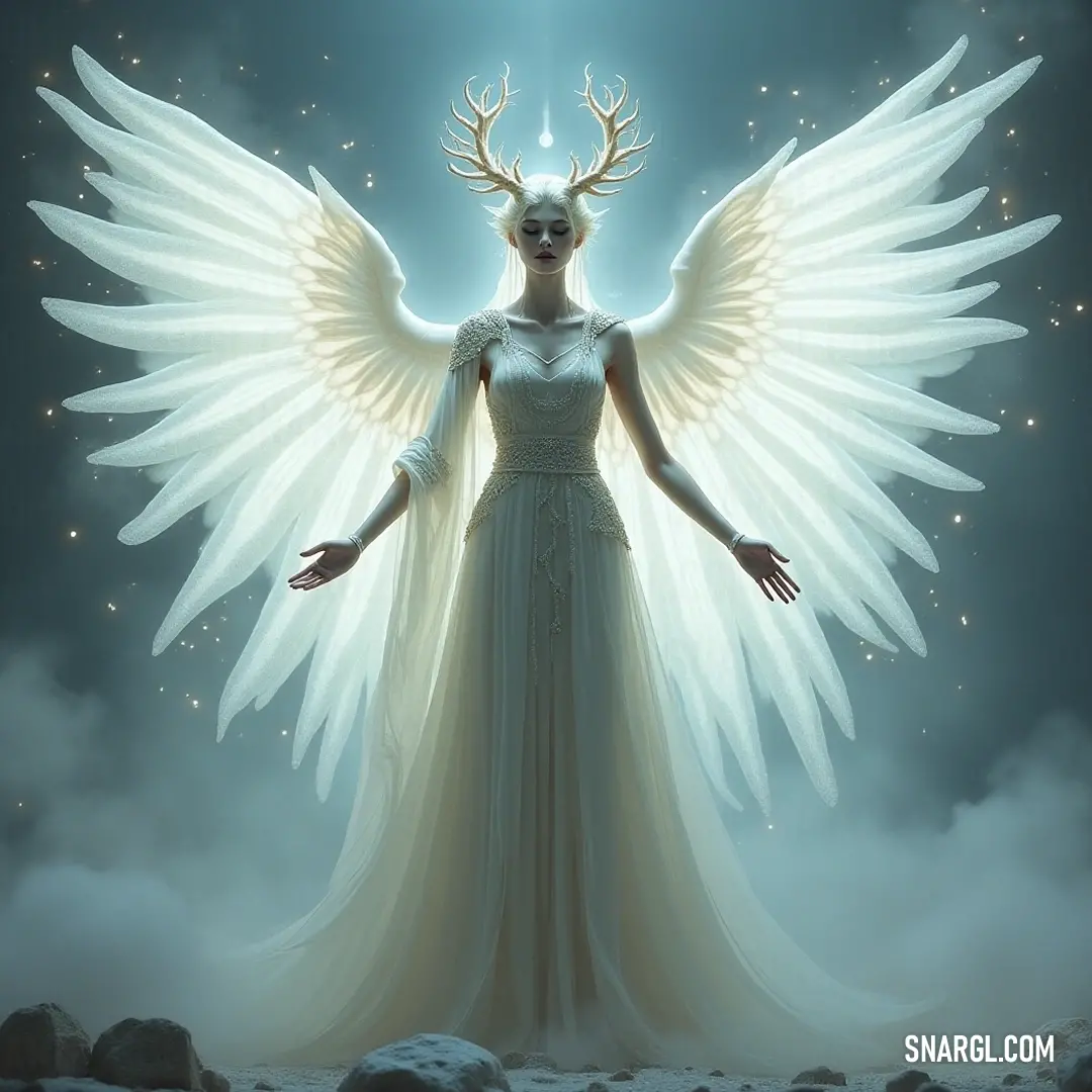 A celestial figure adorned with radiant white wings and a flowing dress, her deer-antlered crown reflects an ethereal beauty, embodying grace and mystique in a serene natural landscape.