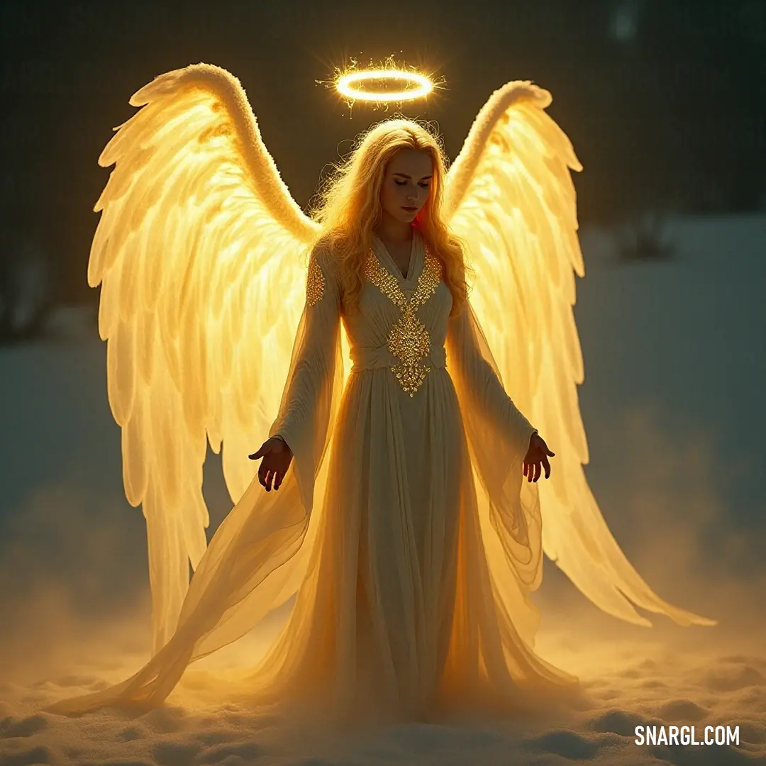 Uzziel radiates an aura of serenity in this snowy wonderland, her angel wings and halo illuminating the landscape, offering a beacon of hope amid the serene winter's embrace. Amidst a snowy landscape, Uzziel stands nobly with her angelic wings and halo, embodying resilience and purity, as snowflakes gently fall around her, creating a tranquil and magical winter scene.