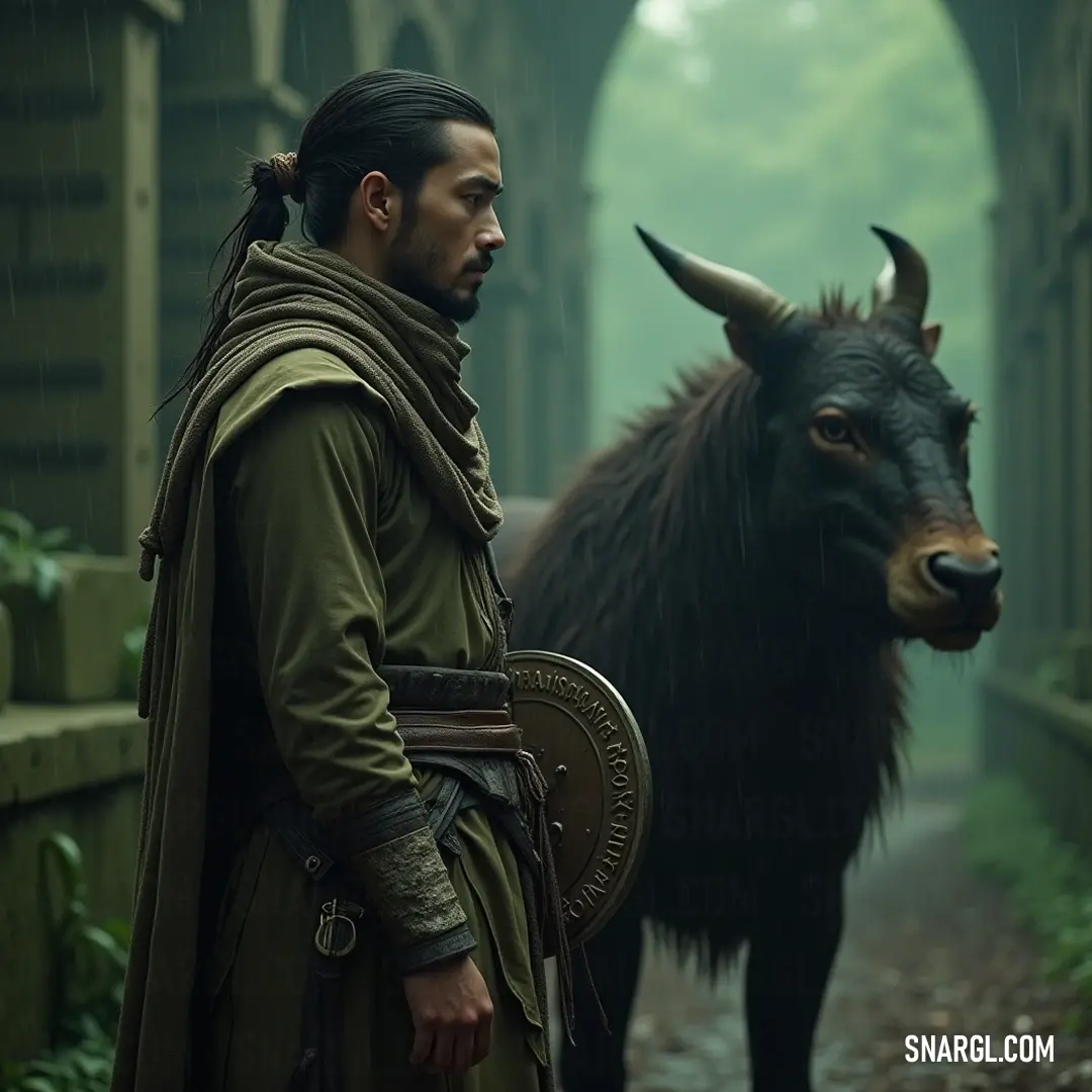 A vibrant scene of adventure in a lush forest, where a brave young explorer in a bright coat befriends a horned creature amidst the whispers of nature and the allure of a hidden bridge. In a mystical forest setting, a young adventurer clad in a vibrant green coat stands with a curious horned creature, framed by ancient trees and a rustic bridge that invites exploration.