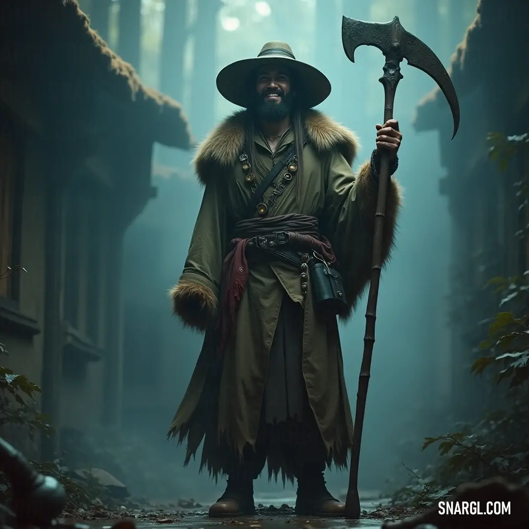 A fierce warrior stands at the edge of a dark forest, gripping a massive axe, clad in a rugged hat and coat, exuding an aura of strength and readiness to confront any danger lurking in the shadows.