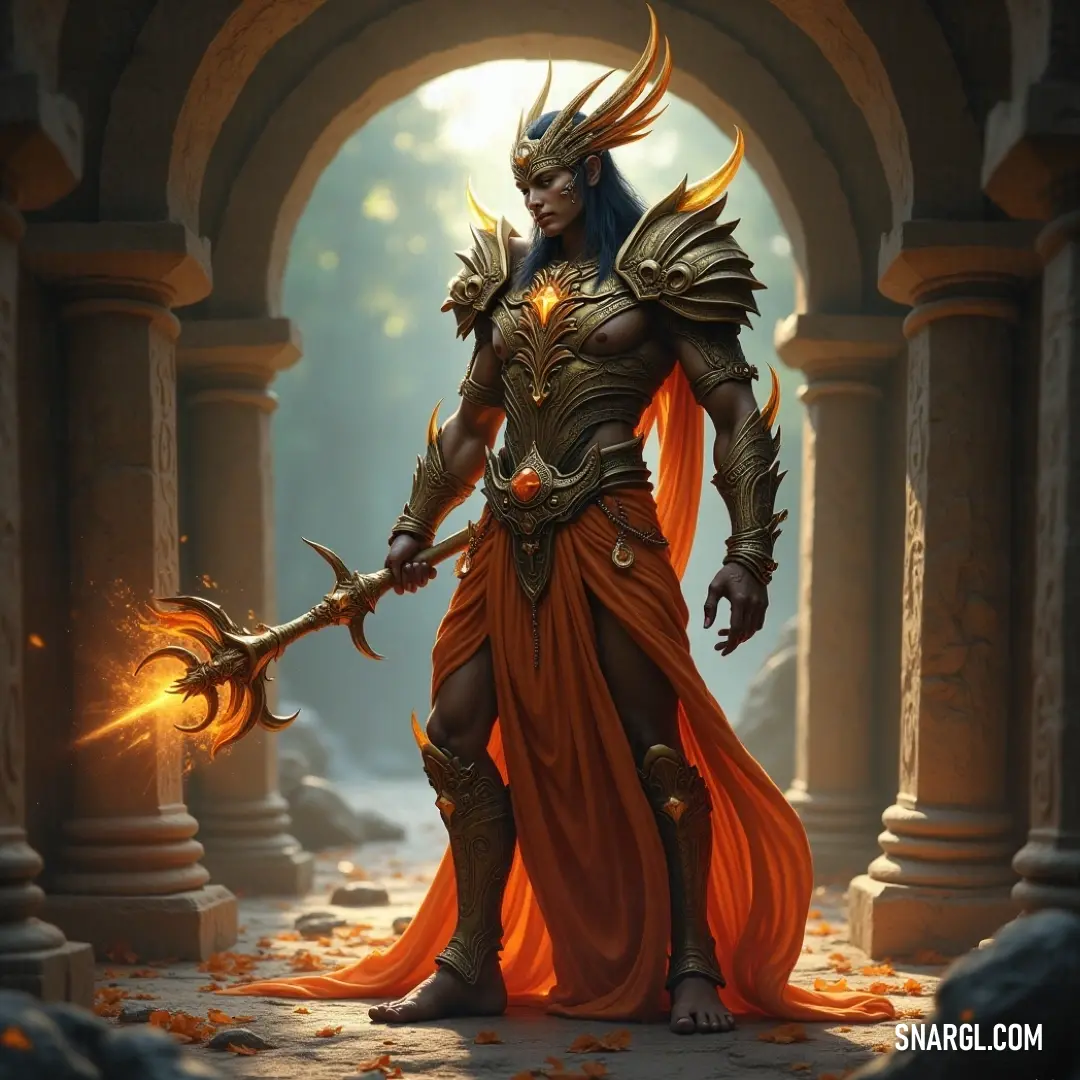 Vaela stands poised and formidable in her striking costume, intriguingly wielding a sword in one hand and flames in the other, capturing the essence of a brave warrior amidst a mystical backdrop. Vaela, dressed in an impressive costume, showcases strength and valor, brandishing a sword in one hand while flames dance in her other hand, embodying the spirit of a fierce warrior standing at the edge of an ethereal realm.