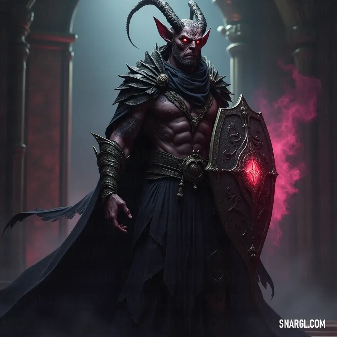 Vaemyr Darkshade, cloaked and horned, exudes mystique in a dim room, where a glowing red light accentuates his captivating features. Vaemyr Darkshade radiates an enigmatic aura, adorned in a black cloak with a horned mask, standing in a dimly lit room, illuminated by a pulsating red light that draws attention to his intense gaze.