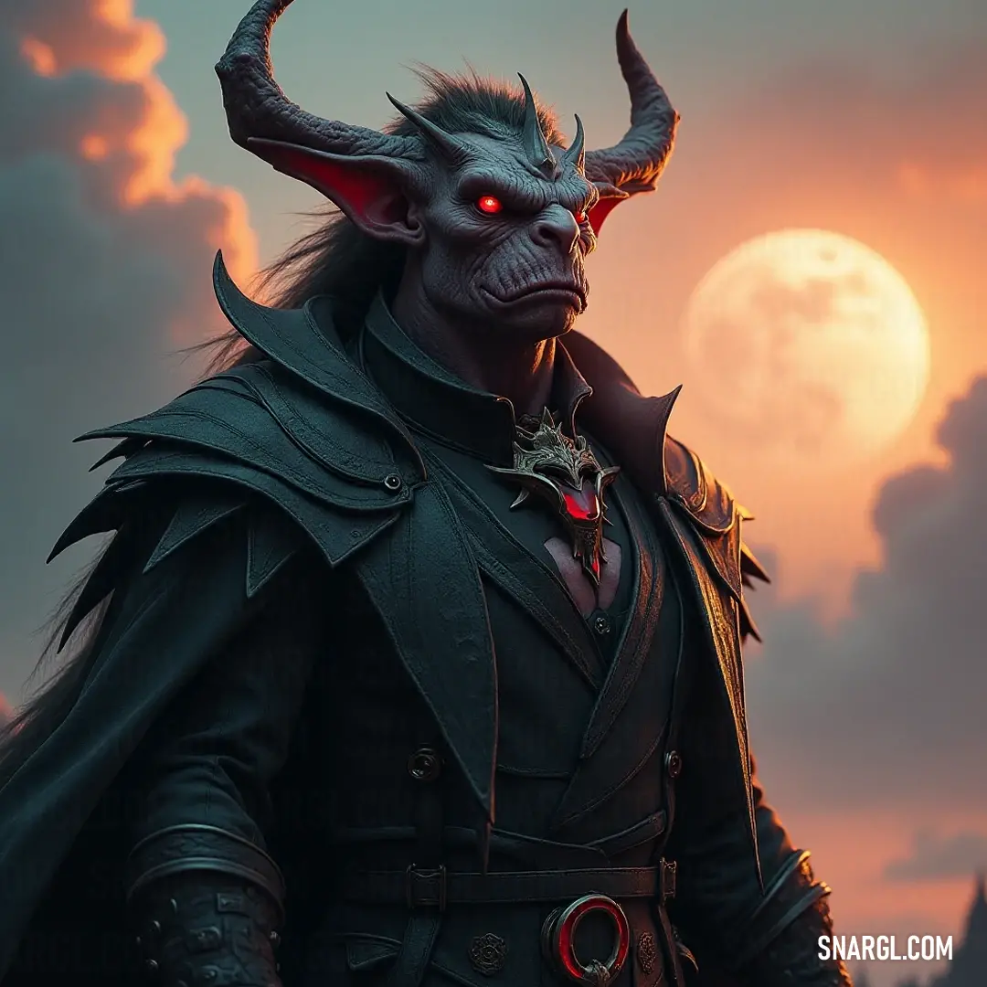 Vaethor the Maligned, adorned in a horned costume, stands majestic before a glowing full moon, a figure of legend and mystery. In a striking horned costume, Vaethor the Maligned poses dramatically before a luminous full moon, his horns and flowing cape creating an enchanting silhouette against the night sky.