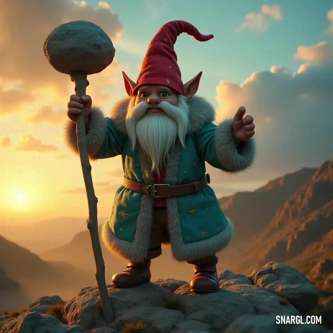 On a majestic mountaintop at dawn, a spirited cartoon character named Väinö holds a rock and a stick, gazing at the captivating sky that transitions from the soft hues of sunset to the awakening dawn.