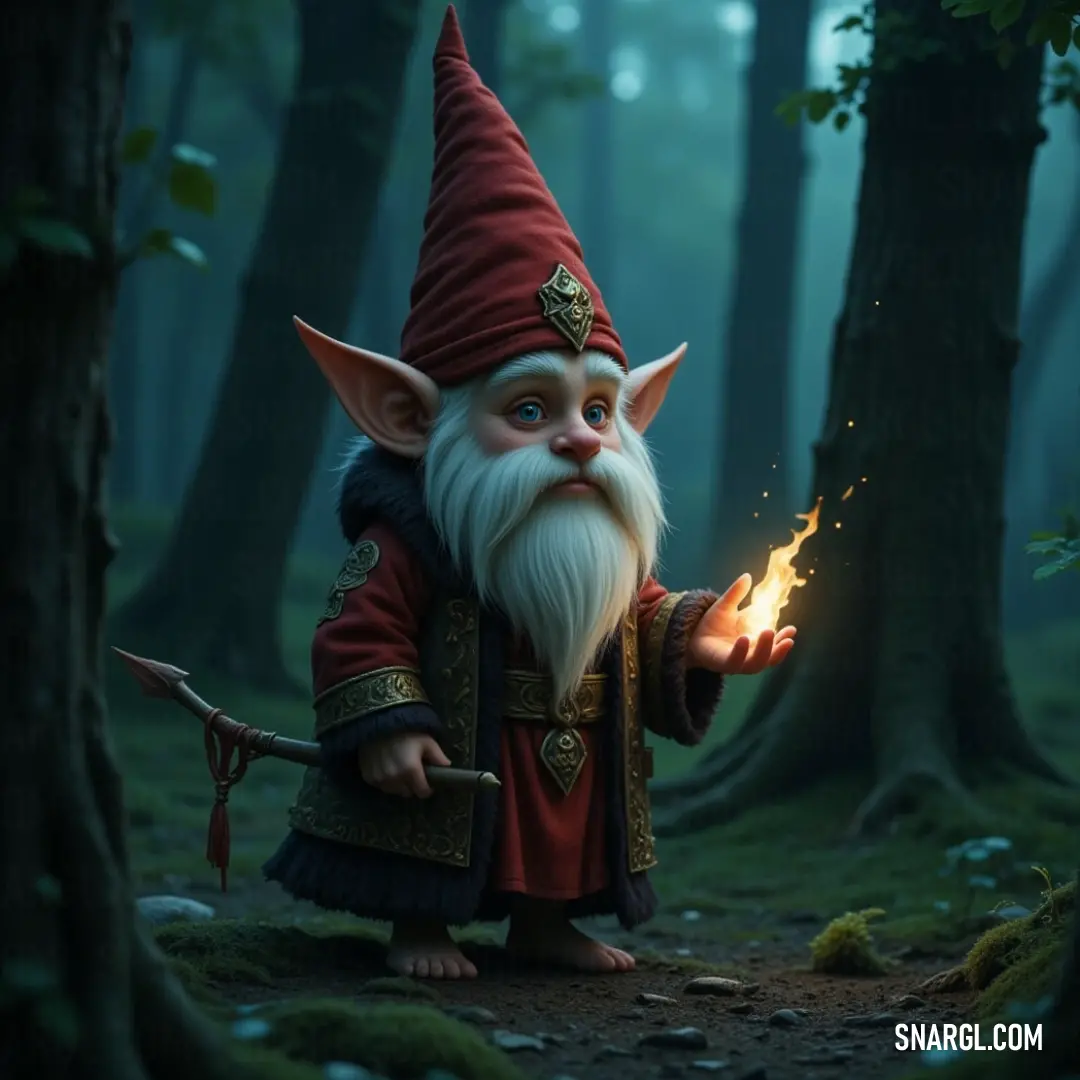 A wise figure with a flowing beard and a striking red hat, gracefully cradling a mystical fire amidst a serene forest, where the light dances among the trees and lush grass, creating a magical ambiance.