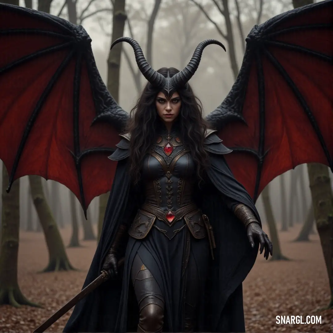 Vala, dressed in a captivating costume with horns and wings, stands boldly in the heart of a magical forest, ready for whatever adventure awaits her. Vala, dressed in an enchanting costume with horns and wings, holds a gleaming sword as she stands amid a mystical forest. The surrounding trees and leaves create an ethereal atmosphere as her presence commands attention and awe.