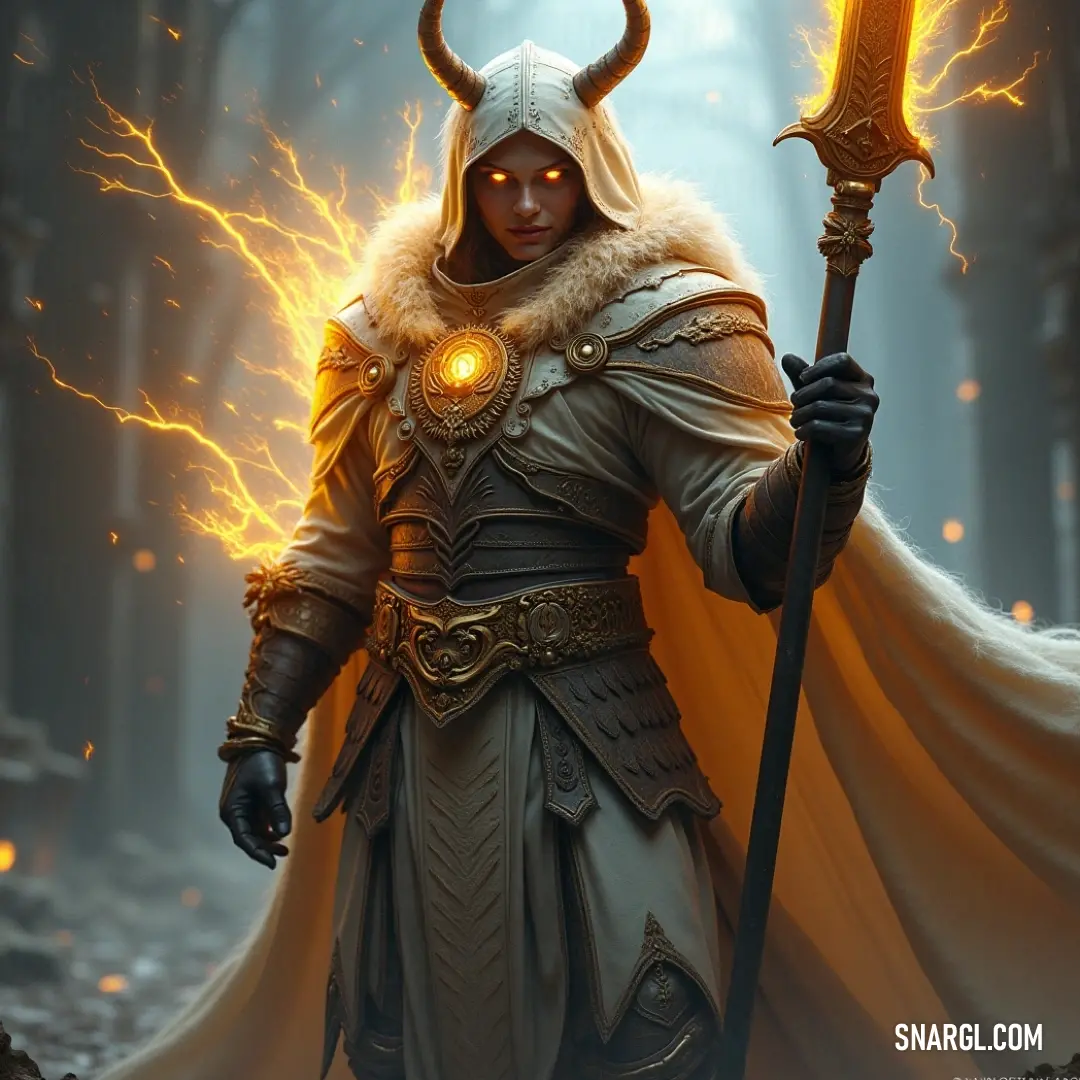 Valac, the horned sage, exudes power while holding a glowing staff, enveloped in the mystique of twilight that celebrates both ancient knowledge and otherworldly might. Valac, clad in a horned ensemble, stands tall, clutching an intricately carved staff glowing fiercely in his hand. His ethereal presence exudes an aura of wisdom and power as his gaze becomes a beacon in the surrounding twilight.