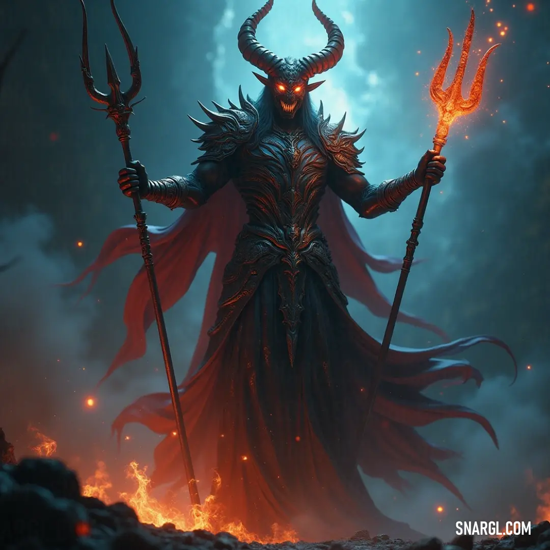 Valac, with horns and a horned face, wields a staff topped with a glowing flame, exuding an air of power and mystery. A powerful figure of Valac with prominent horns and a horned face, confidently holding a staff with a flickering flame at the top. His formidable appearance captures an aura of mystery and strength, drawing attention to his otherworldly presence.