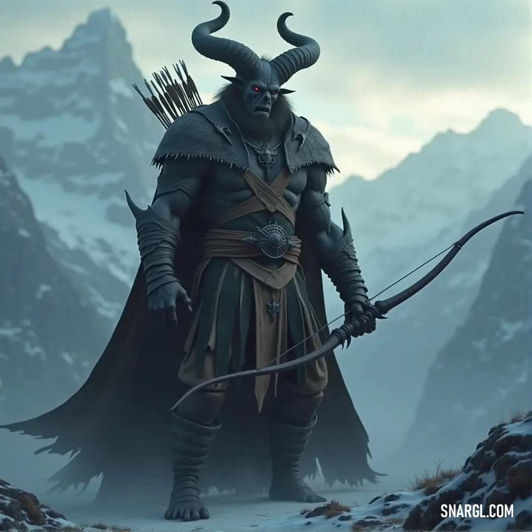 Valac in a horned costume with a bow and arrow, standing against a snow-covered mountain range, exuding strength and focus. A mysterious figure named Valac stands confidently in a horned costume, holding a bow and arrow in front of a majestic mountain range covered in snow. The cold, rugged landscape contrasts with the fierce expression on his face.