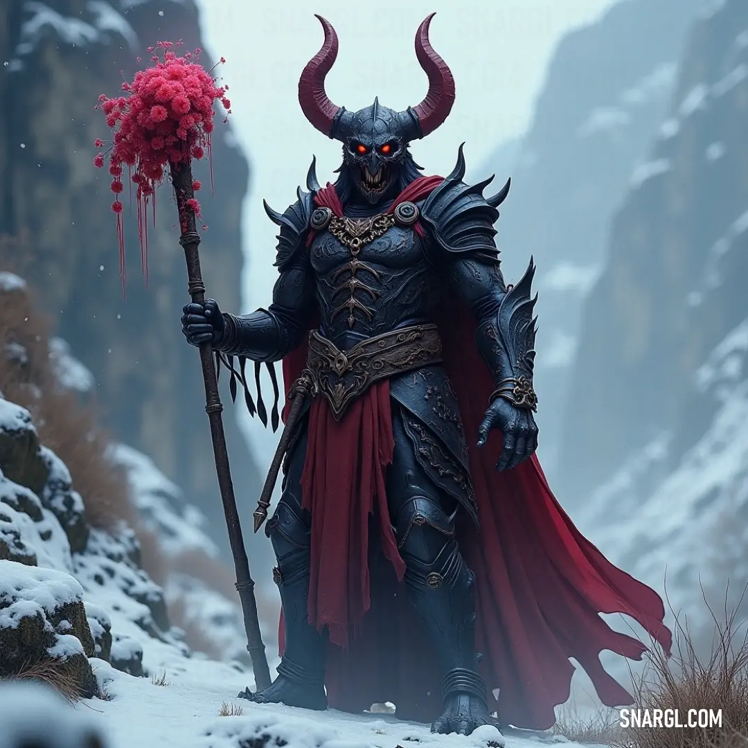 In a breathtaking snowy mountain setting, a fantastical figure dressed in a horned costume holds a stick and a vibrant red ball, evoking a sense of whimsy and an invitation to join in on playful escapades. Clad in a horned costume, a whimsical figure stands proudly in a snowy mountain landscape, gripping a stick and a red ball. The serene beauty of the backdrop awakens the imagination, hinting at tales of playful adventures.