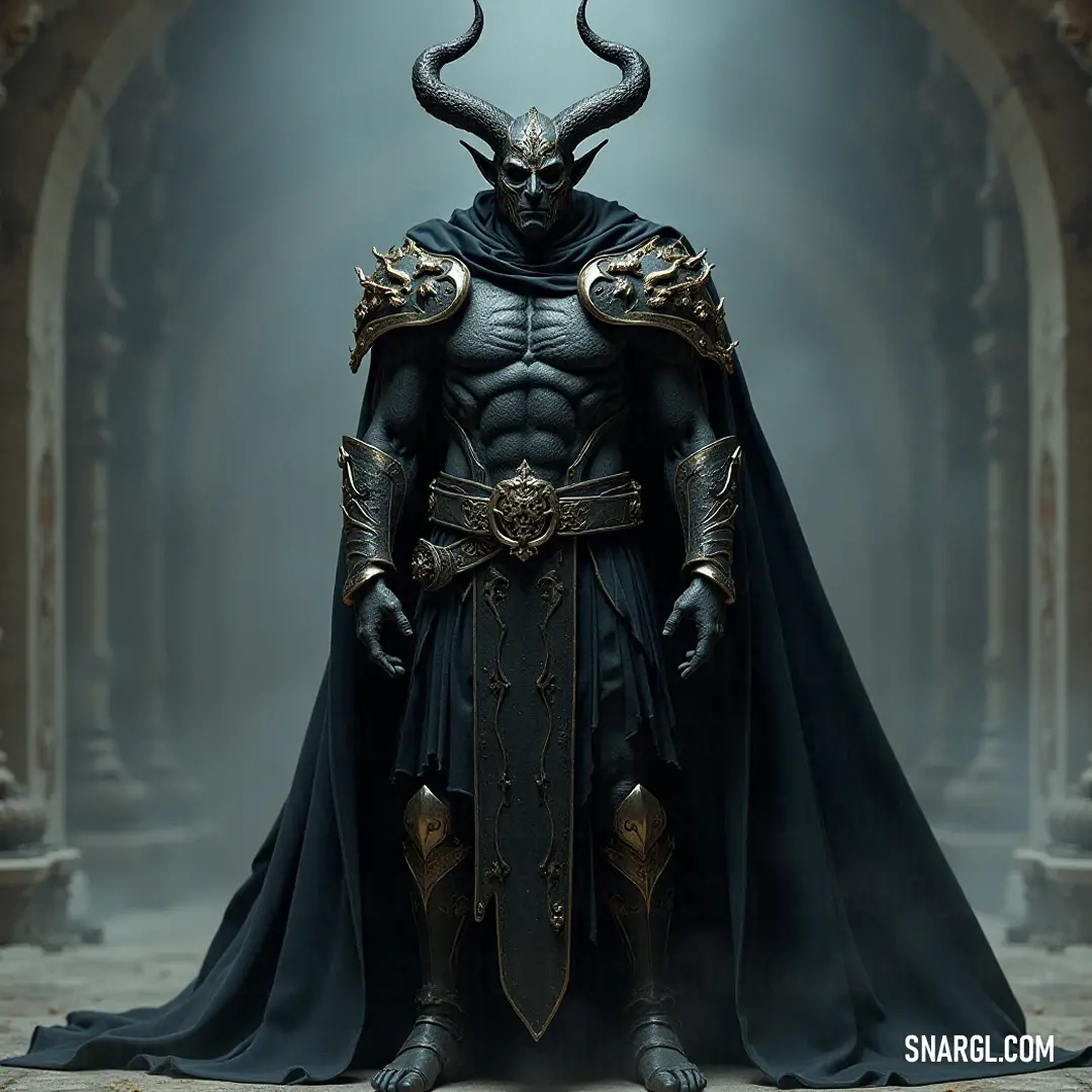 A commanding presence in a black costume, Valac exudes power with horns elegantly framing his intense gaze. A formidable Valac, dressed in an intricate black ensemble, stands with confidence as horns adorn his head, casting an air of mystique and dominance around him.