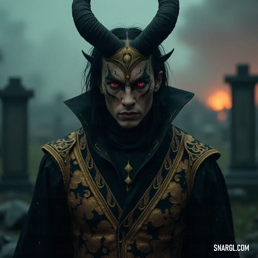 A captivating male Valac, effortlessly combining elegance with an intense gaze, dressed in black and gold. A striking male Valac, his horns contrasting beautifully with a refined black outfit accented with gold, stands tall, his vibrant red eye piercing through the darkness with an otherworldly intensity.