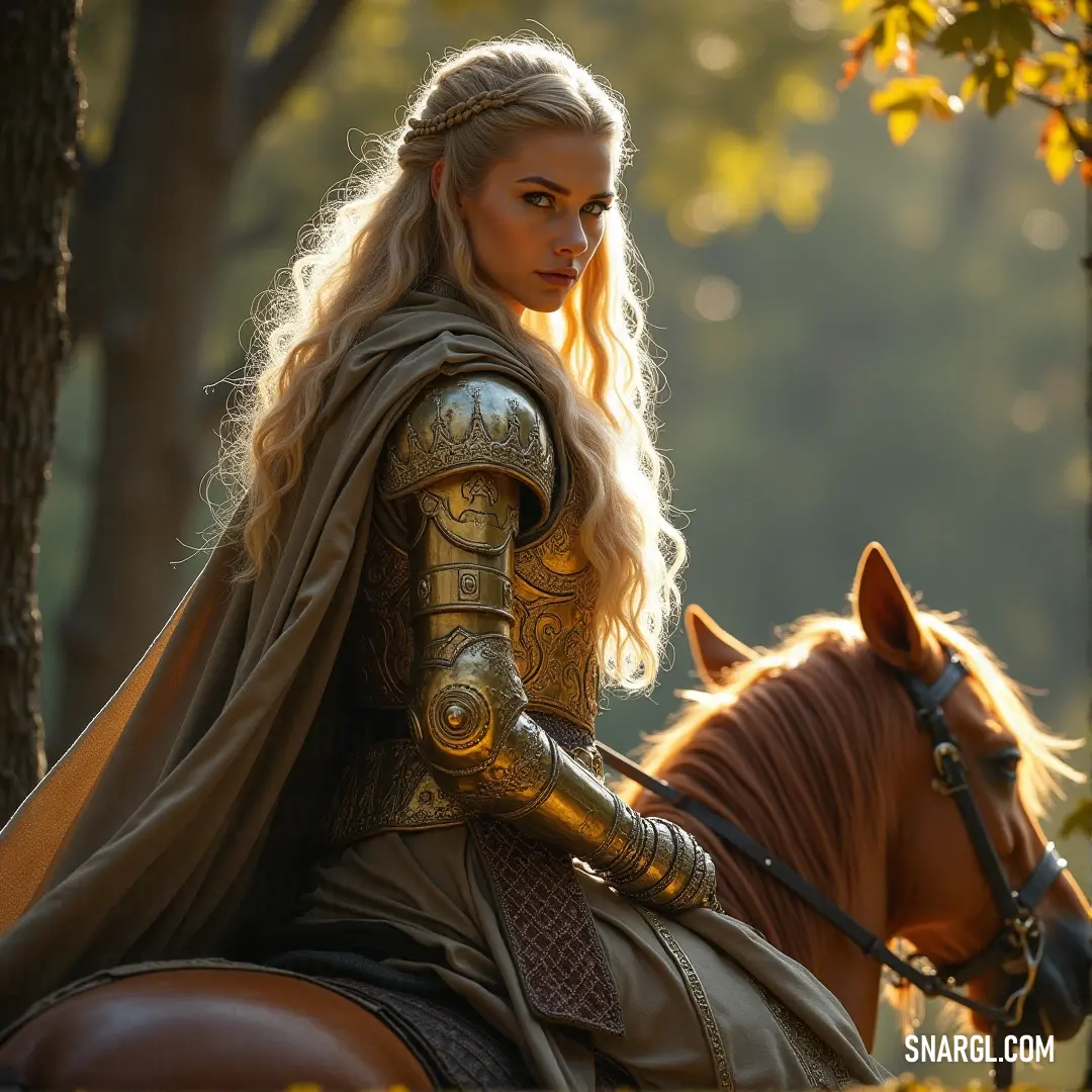 A medieval woman, sword in hand, riding a horse through the woods. The trees and underbrush form a dense, mysterious landscape that heightens her sense of adventure. A woman in a medieval dress, riding a horse through the woods, with a sword in her hand. The forest around her is filled with mystery, and her poised stance evokes a sense of adventure and strength.