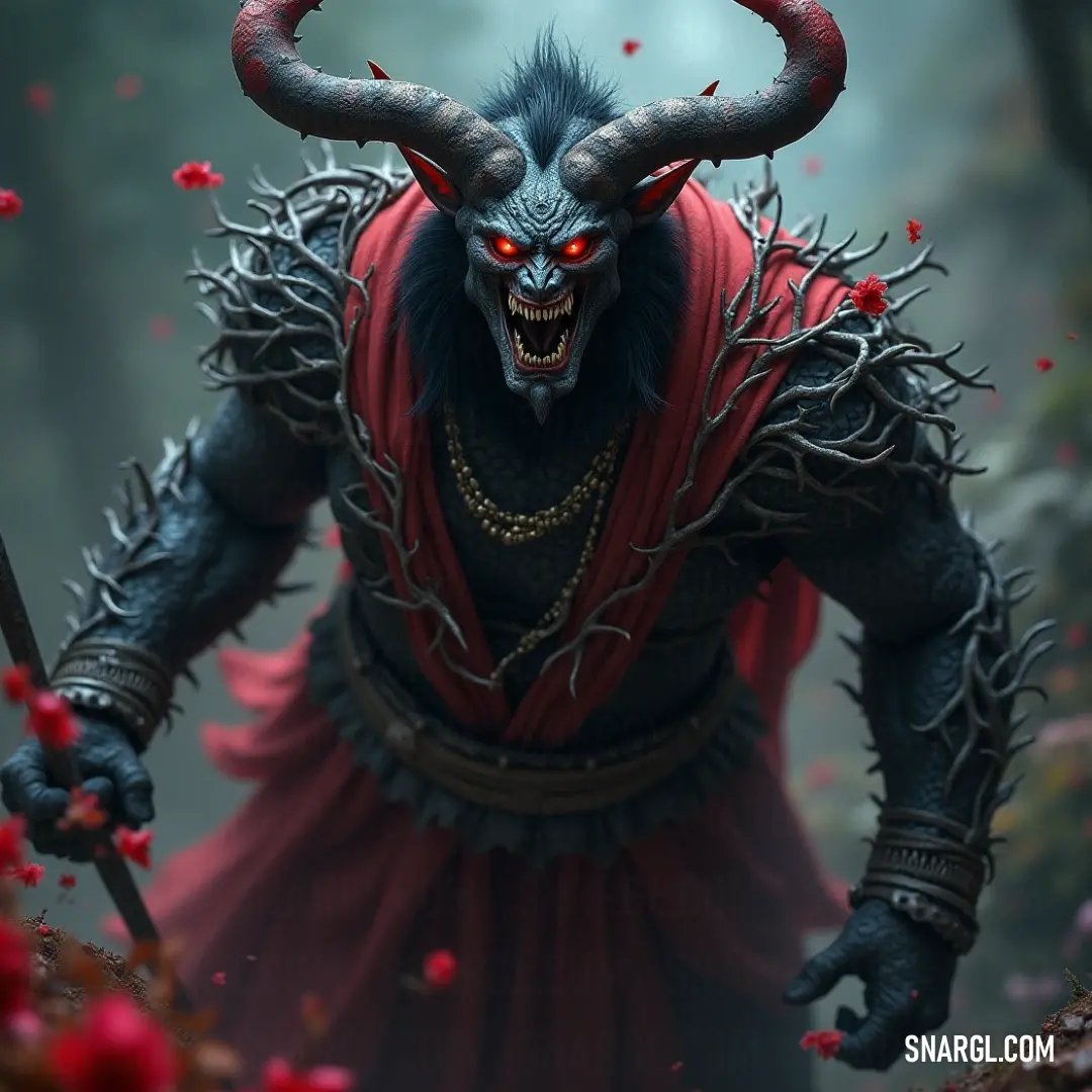 Demonic Valefar, clad in a striking red cape and crowned with horns, stands in a picturesque forest full of crimson flowers, a staff in hand, embodying an intriguing blend of beauty and menace. Demonic Valefar, draped in a flowing red cape and sporting formidable horns, stands confidently in a vibrant forest dotted with red blooms. He wields a staff that gleams under the dappled sunlight filtering through the trees, ready to unleash his power.