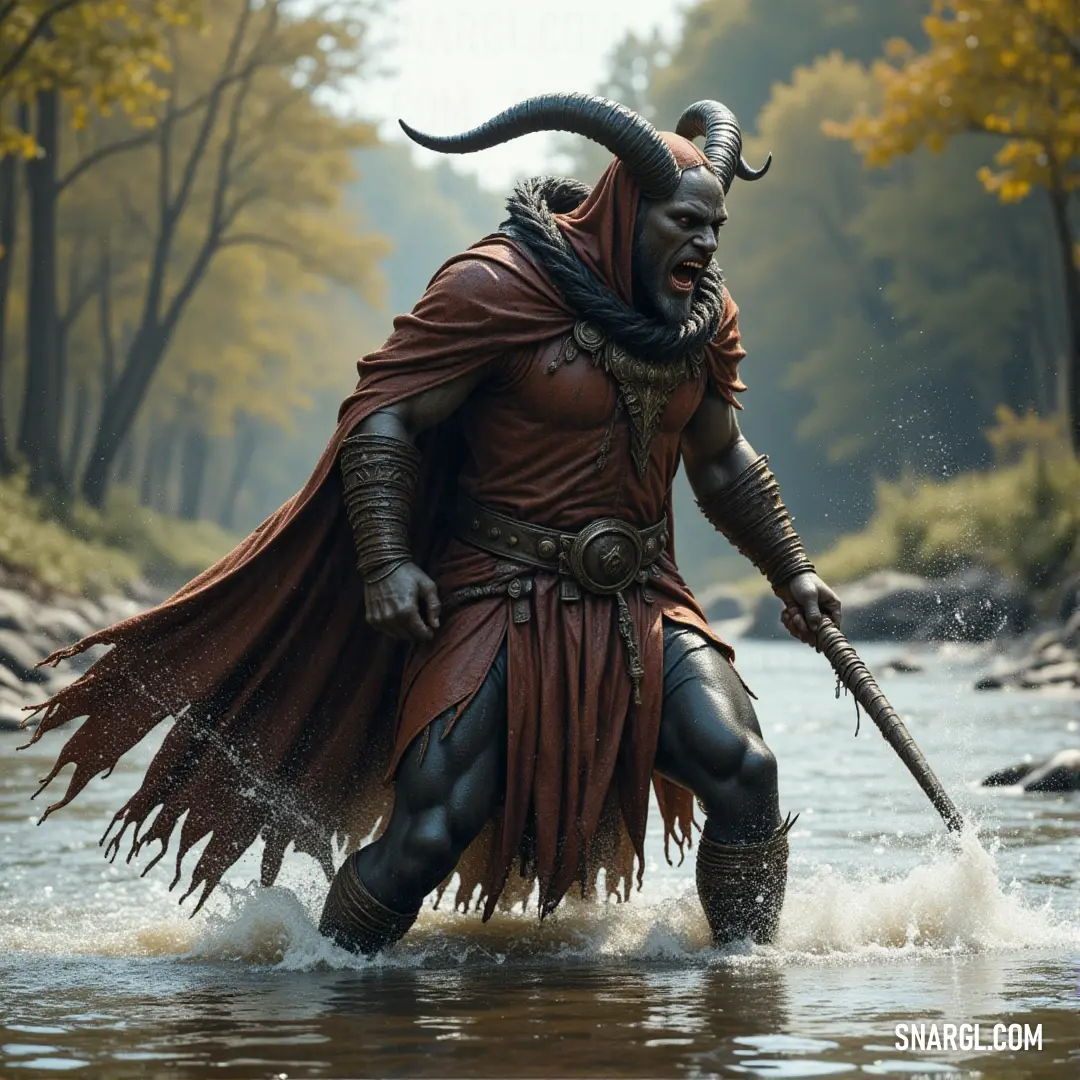 Valefar steps through the river with a commanding presence, his horned head held high as he navigates the rocks and trees, embodying a mystic power beyond the natural world. Valefar, his horned head rising above, wades through a flowing river, his body cloaked in a costume that blends with the water’s motion. The backdrop of rocks and trees reflects his eerie, otherworldly nature, as he strides through the water with i
