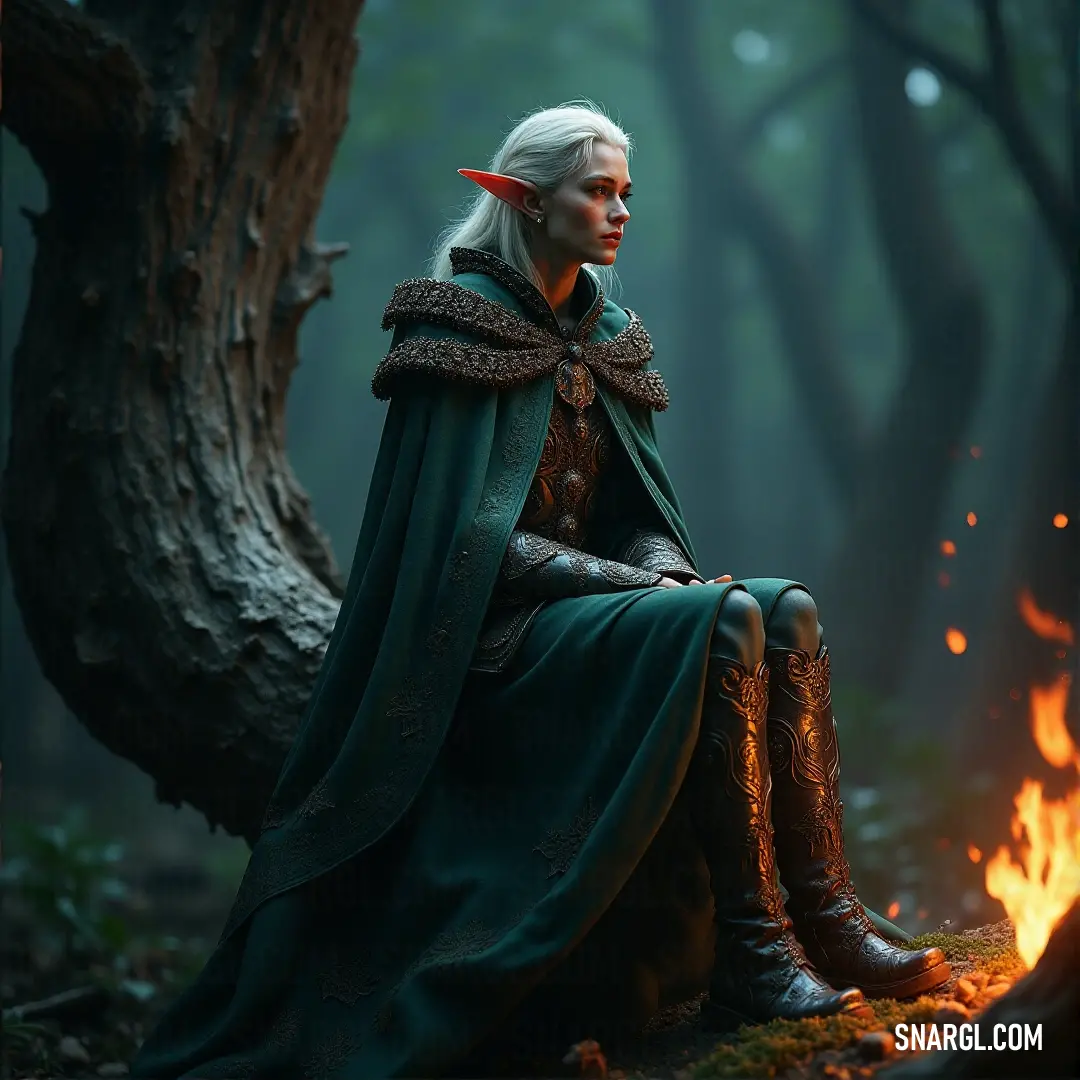 A figure clad in a green outfit sits on a moss-covered log in the heart of a forest, a warm fire crackling in the background. The serene yet fiery ambiance creates a peaceful contrast of nature and heat.