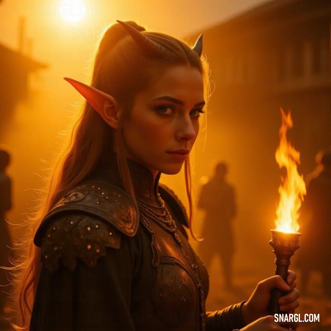 A character clad in whimsical attire, gripping a flickering torch, showcases a striking demon with majestic horns perched atop her head, surrounded by an otherworldly atmosphere marked by shadows and intrigue.