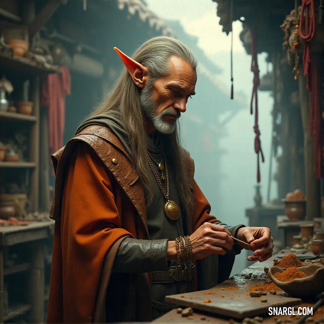 A figure in a vintage costume skillfully carves a piece of wood inside a charming workshop. Shelves filled with tools and handcrafted items surround the scene, offering a glimpse into a world of craftsmanship and creativity.