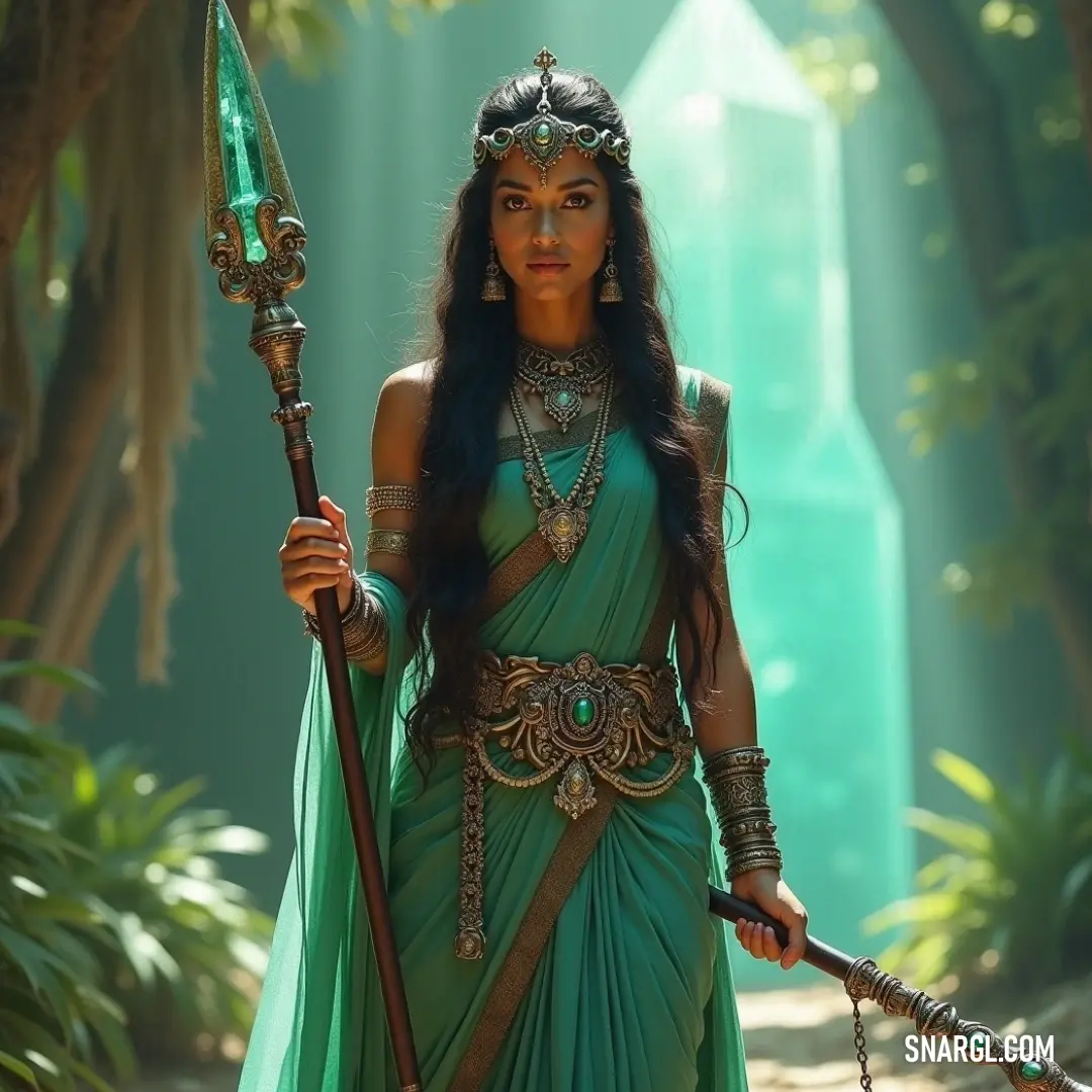 A fearless warrior dressed in green holds a sphere and sword, poised for battle amidst a magical meadow filled with enchanting light and the allure of distant quests. A fierce warrior draped in a flowing green dress grasps a spear and a sword, poised for action amidst a mystical meadow adorned with ethereal light and echoes of distant adventures.