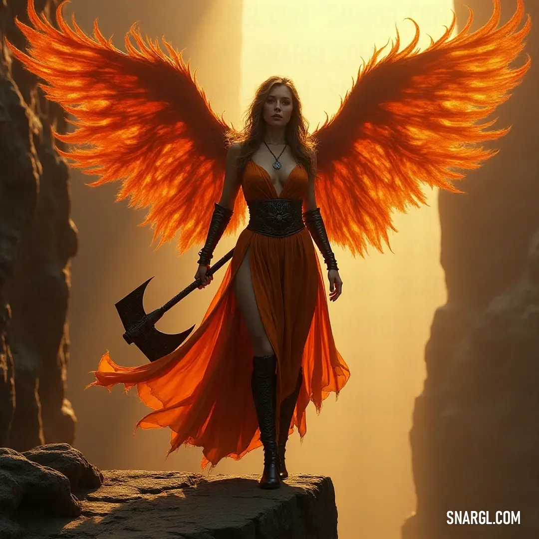 A mesmerizing character adorned with large orange angel wings stands strong, clutching a mighty hammer that signifies her readiness for any formidable challenge. Sporting magnificent orange angel wings and wielding a hammer, a figure commands attention in an awe-inspiring display of strength and ethereal grace.