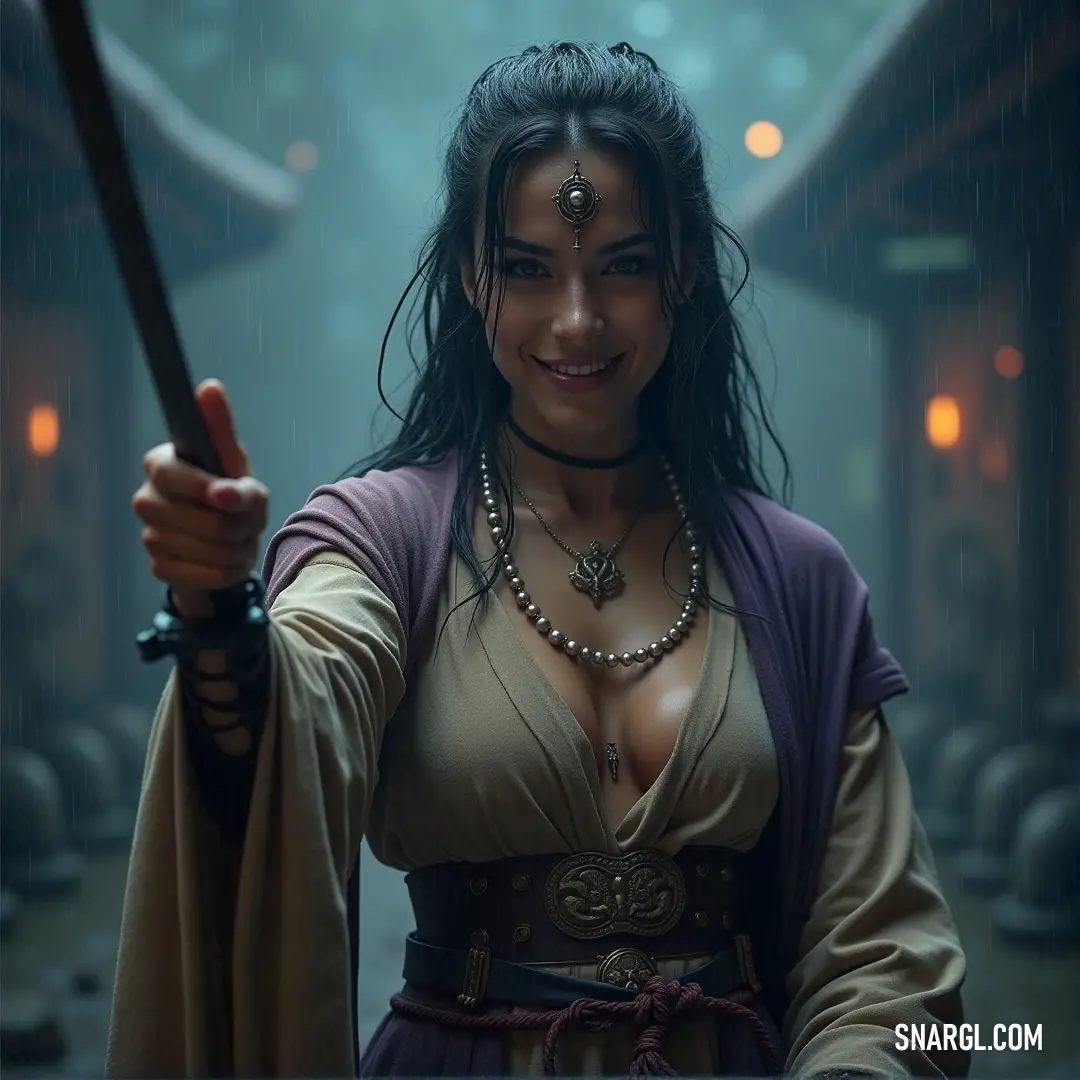 A powerful Valkyrie standing in the rain, sword raised, her smile a symbol of courage and determination amidst the storm. A Valkyrie, clad in an intricate costume, smiles confidently as she holds a gleaming sword aloft in the pouring rain. Her presence radiates strength and grace, with raindrops caught in motion around her.