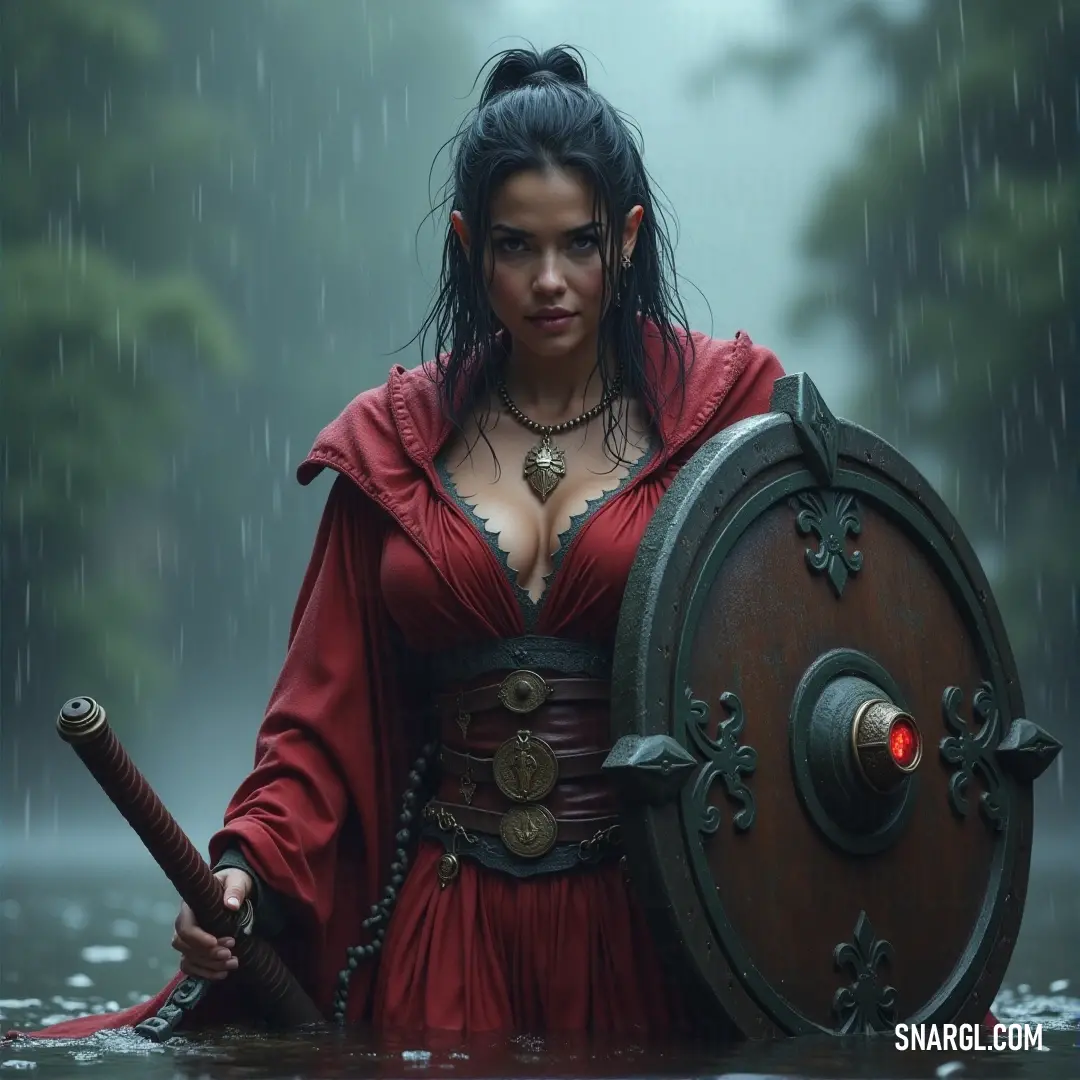 The Valkyrie in her crimson dress holds her shield and sword aloft in the rain. The red light shining from her chest adds an ethereal aura to her warrior spirit as she faces the fierce storm. A powerful Valkyrie in a red dress, shield raised and sword drawn, stands in the pouring rain. A red light emanates from her chest, casting a dramatic glow as she prepares for battle against the storm.