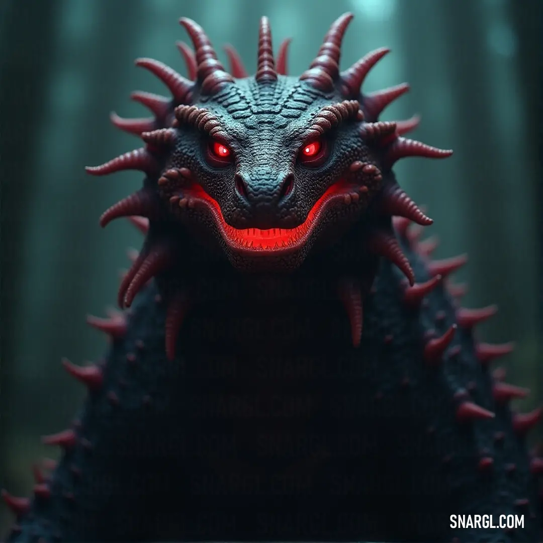 A detailed close-up of a toy Godzilla, with sharp spikes running down its head and back, glowing red eyes staring intensely, set against a deep green background.