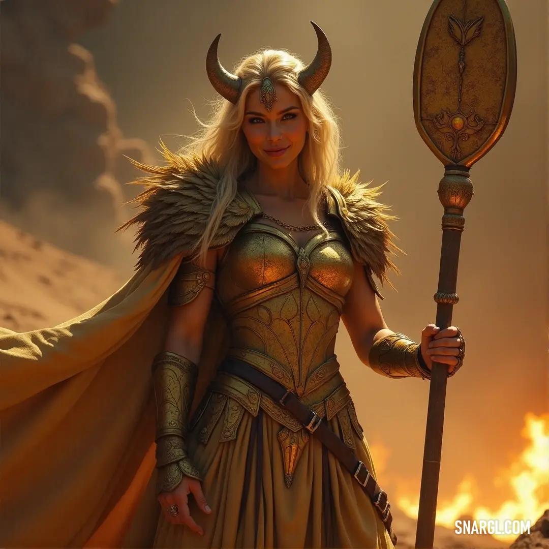 A Valkyrie, dressed in an ornate costume, stands powerfully in front of a backdrop of flames. She holds a staff in one hand and a clock in the other, symbolizing control over time and fire, ready for battle.