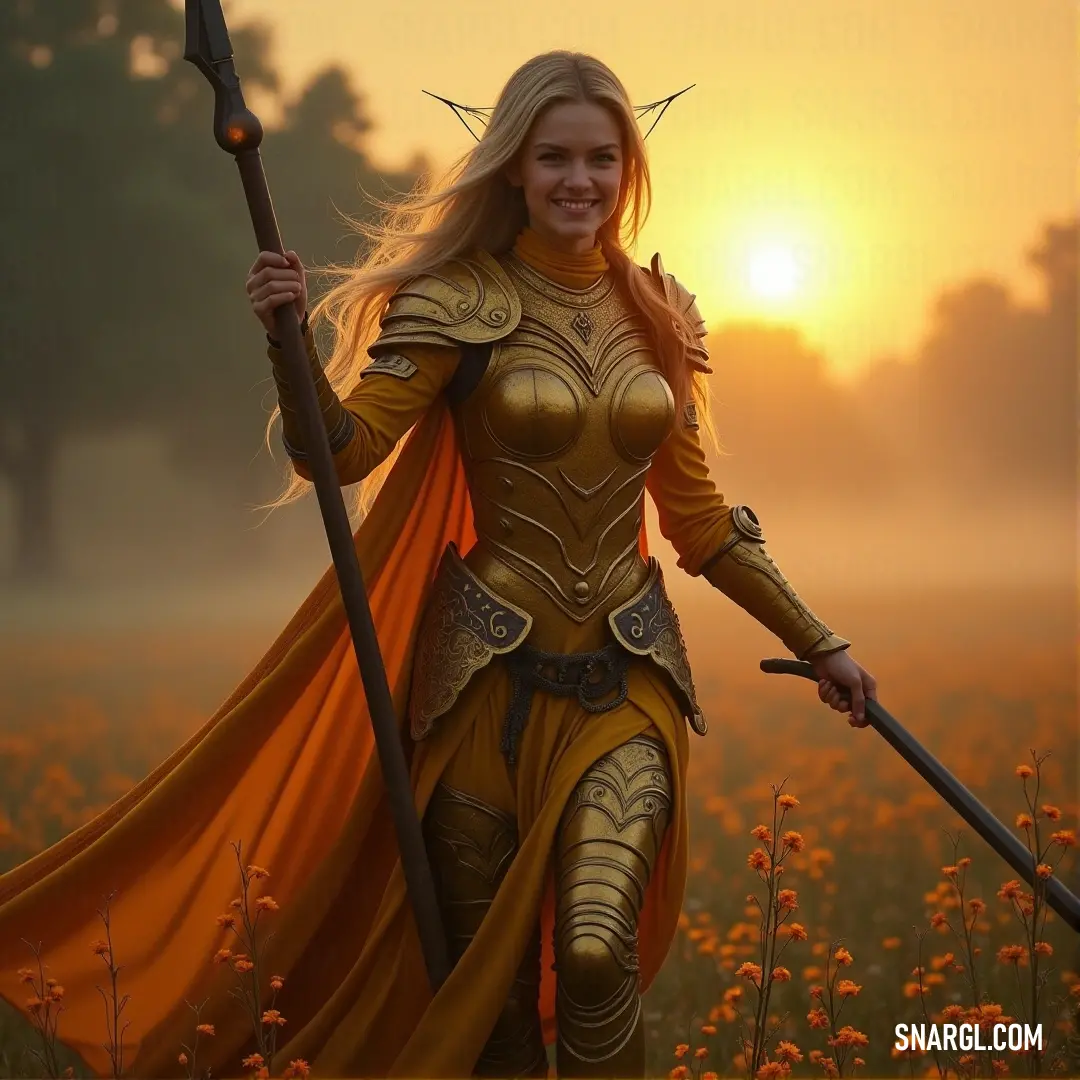 Valkyrie in golden armor stands in a blooming flower field at sunset, sword and staff in hand, bathed in warm light. A majestic Valkyrie, adorned in a golden outfit, stands tall in a vibrant field of flowers at sunset, holding a sword and a staff as the sky glows with warm colors.