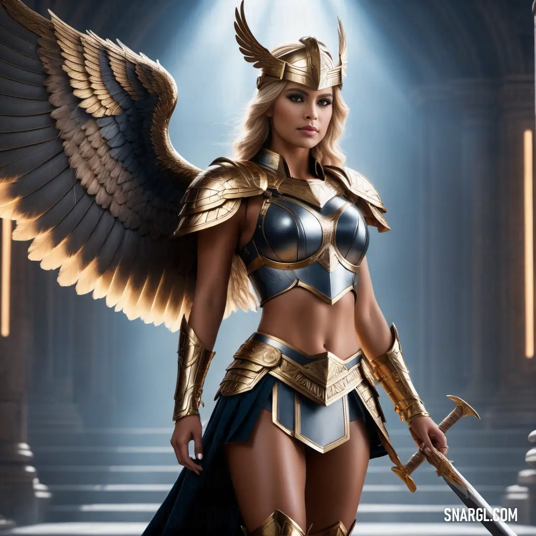 Valkyrie dressed in a costume with wings and a sword in her hand