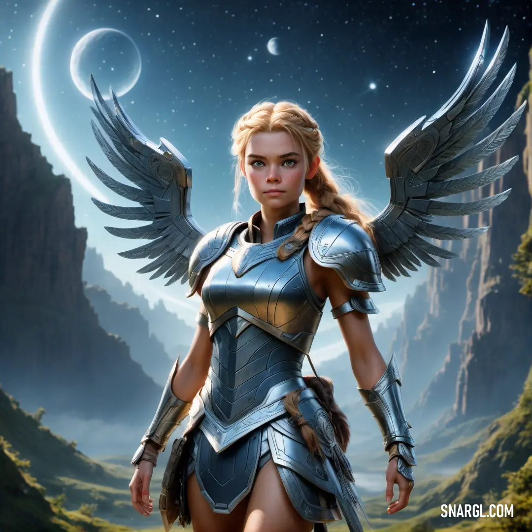 Valkyrie in a armor with wings standing in a field of grass and rocks with a moon in the background