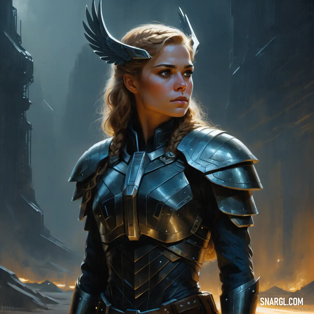 Valkyrie in a armor with horns and a sword in her hand
