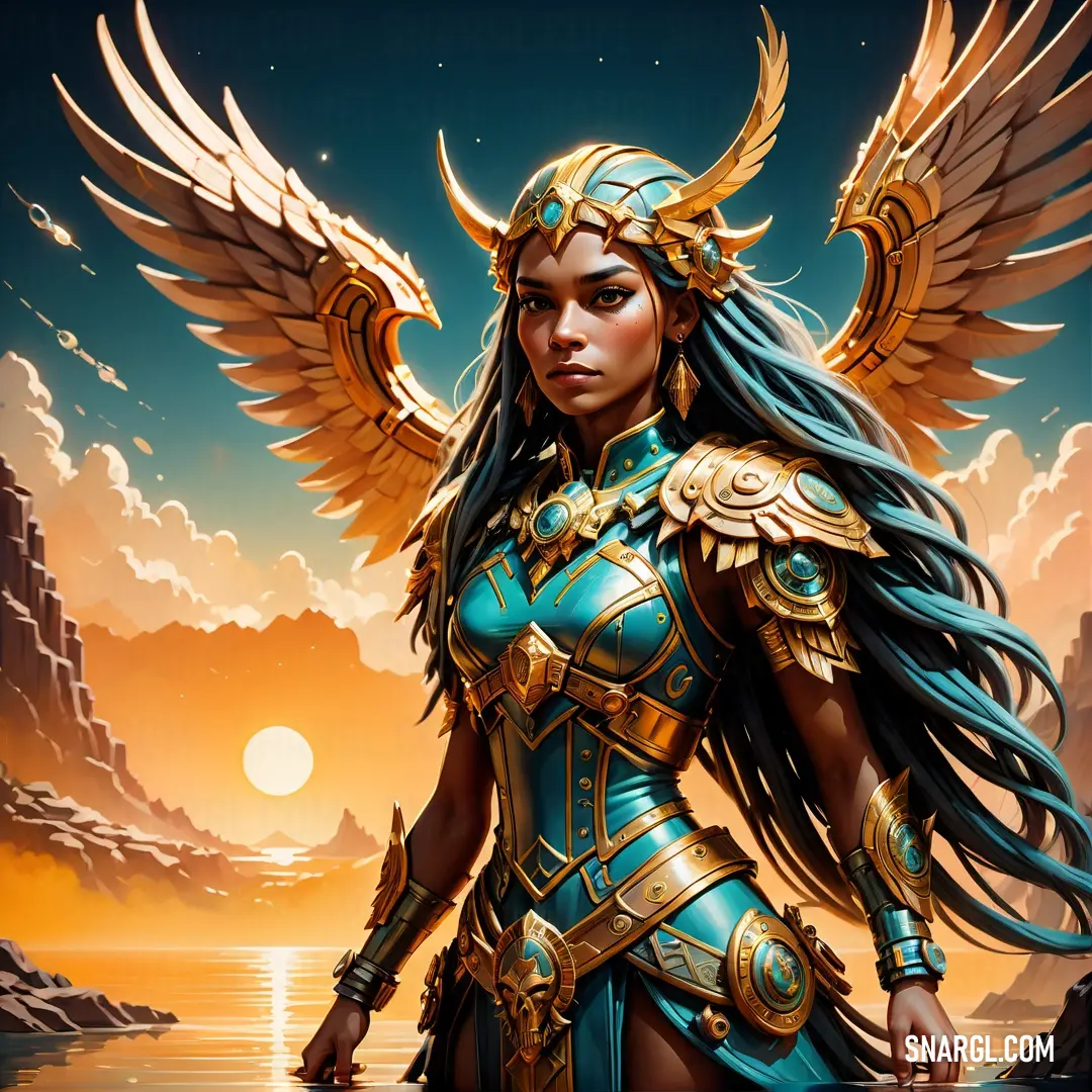 Valkyrie with wings standing in front of a sunset and a mountain range with a body of water in the foreground