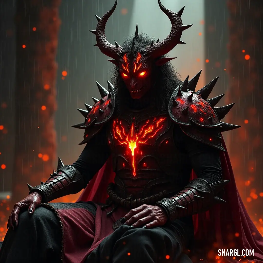 Demonic Valorian Flameshade, adorned with horns and haunting red eyes, sits on an imposing throne emanating a fierce red glow, embodying darkness and authority. Seated on a formidable chair, the Demonic Valorian Flameshade reveals piercing red eyes and striking horns, with an ominous red glow surrounding him, symbolizing both power and dread in a captivating throne of darkness.