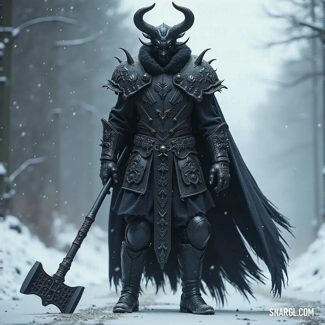 Valtiel, in dark armor with a horned helmet, holds an axe, standing in a serene yet tense snow-covered forest. Valtiel, in black armor with a fearsome horned headpiece, grips a large axe in a snow-covered forest. The stillness of the snowy landscape contrasts sharply with his powerful presence, as though he is a force of nature himself, ready for whatever may come