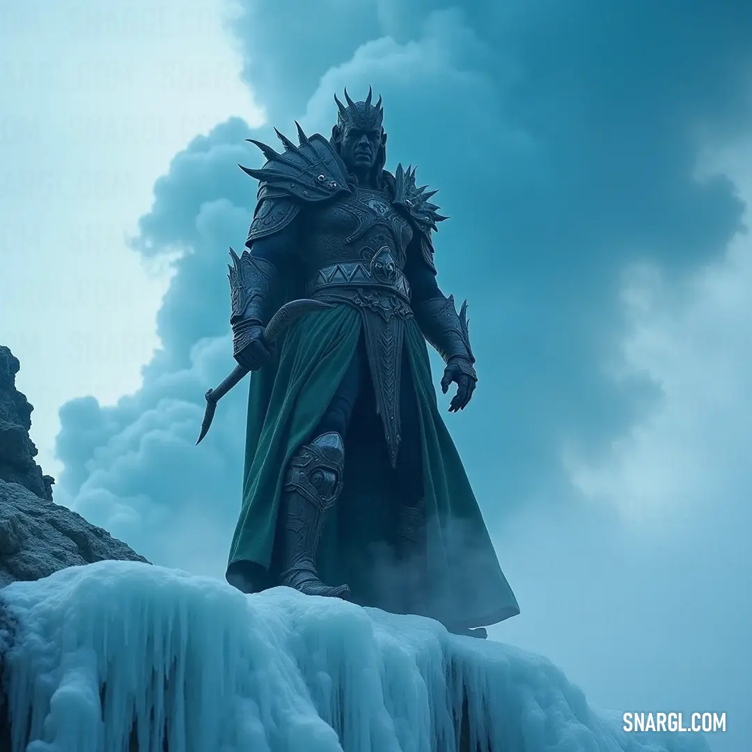 Perched resolutely on a frozen cliff, a regal figure wearing a green ensemble holds a glittering sword, embodying courage and nobility against the stark beauty of a wintry horizon stretching far and wide. A warrior clad in a vibrant green outfit stands regally on a frozen cliff, gripping a gleaming sword. A crown rests atop their head, underscoring their noble presence against a breathtaking backdrop of icy expanse and vast skies.