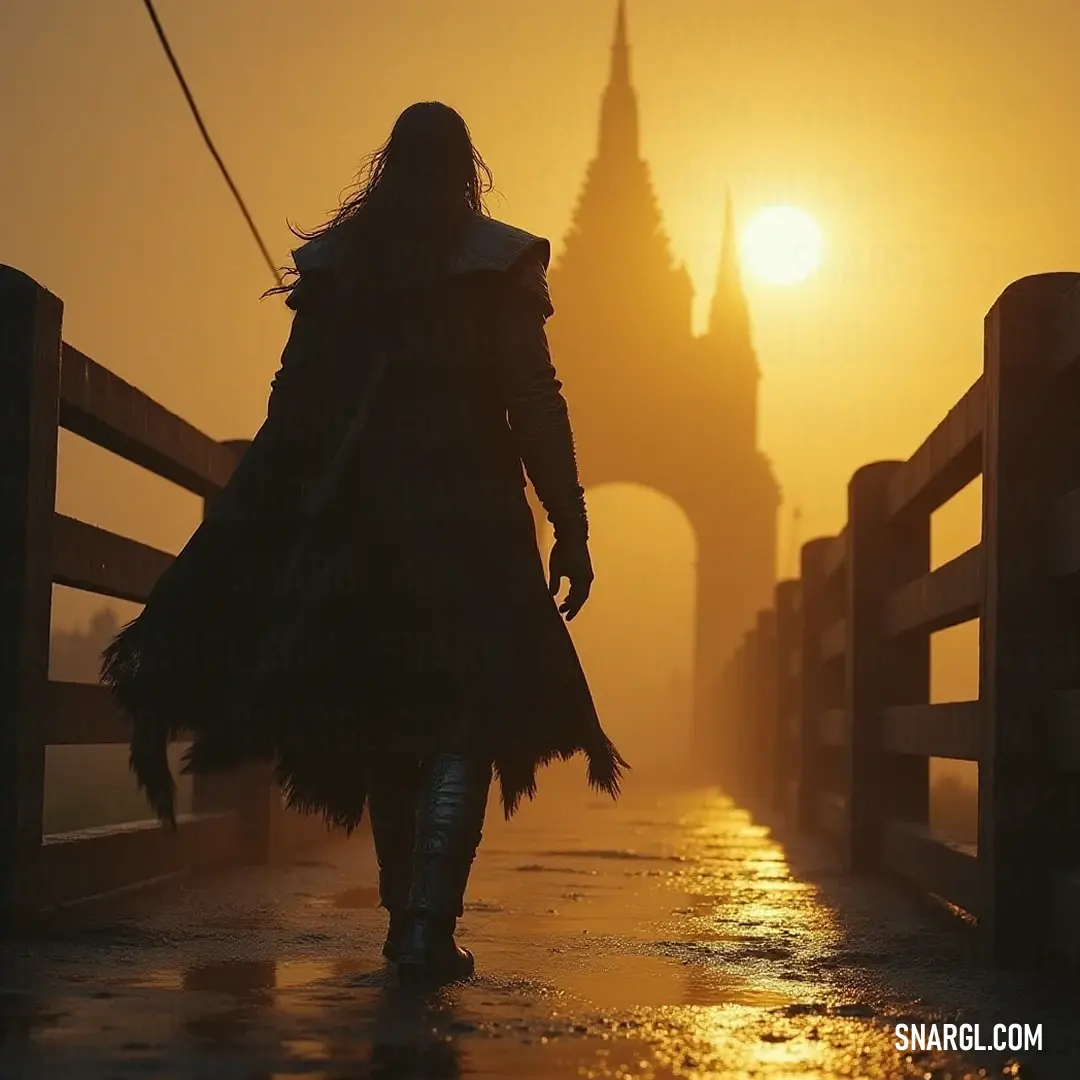 A silhouette walks down a scenic bridge at sunset, with a stunning building framed by the vibrantly colored sky. A figure walks across a beautifully lit bridge at sunset, the sky ablaze with hues of orange and purple, while a grand architectural structure looms majestically in the distance.