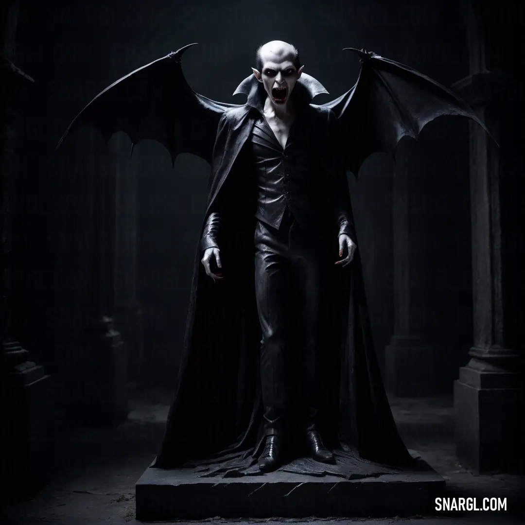 Vampire dressed in a dracula costume standing in a dark room with his hands on his hips and his wings spread out