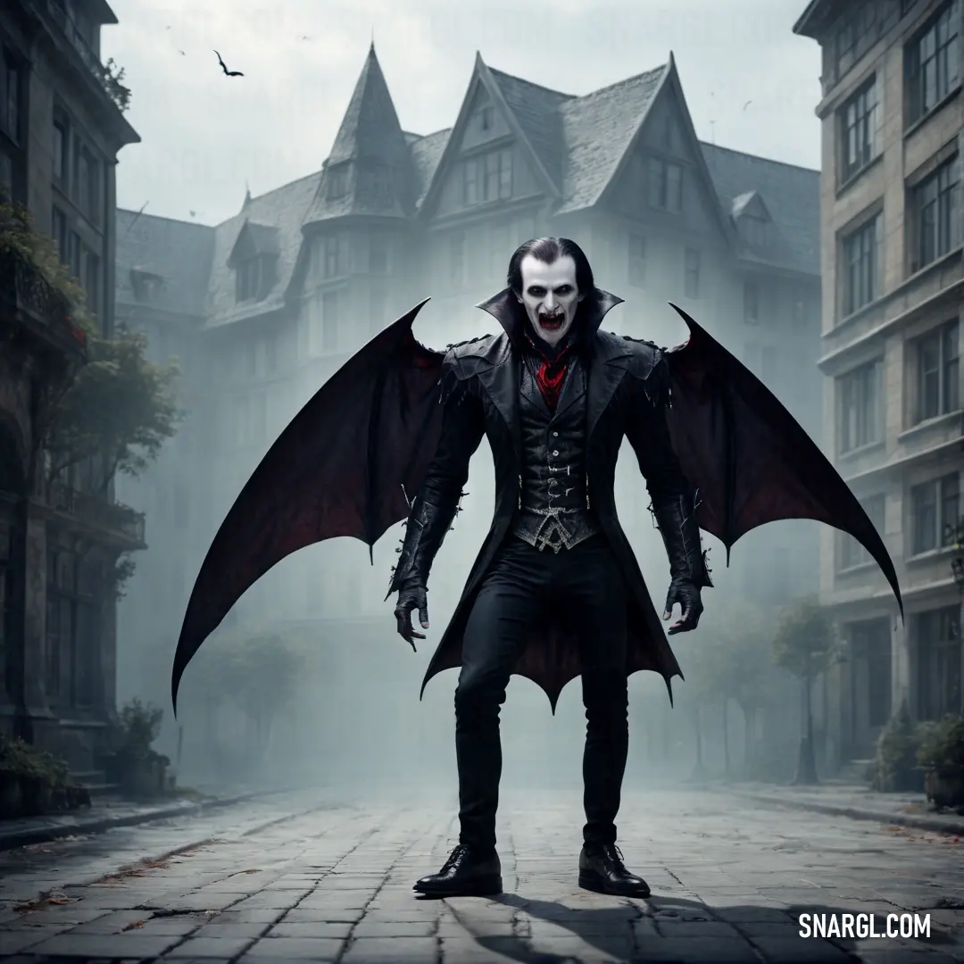 Man dressed in a dracula costume standing on a cobblestone street in front of a castle like building