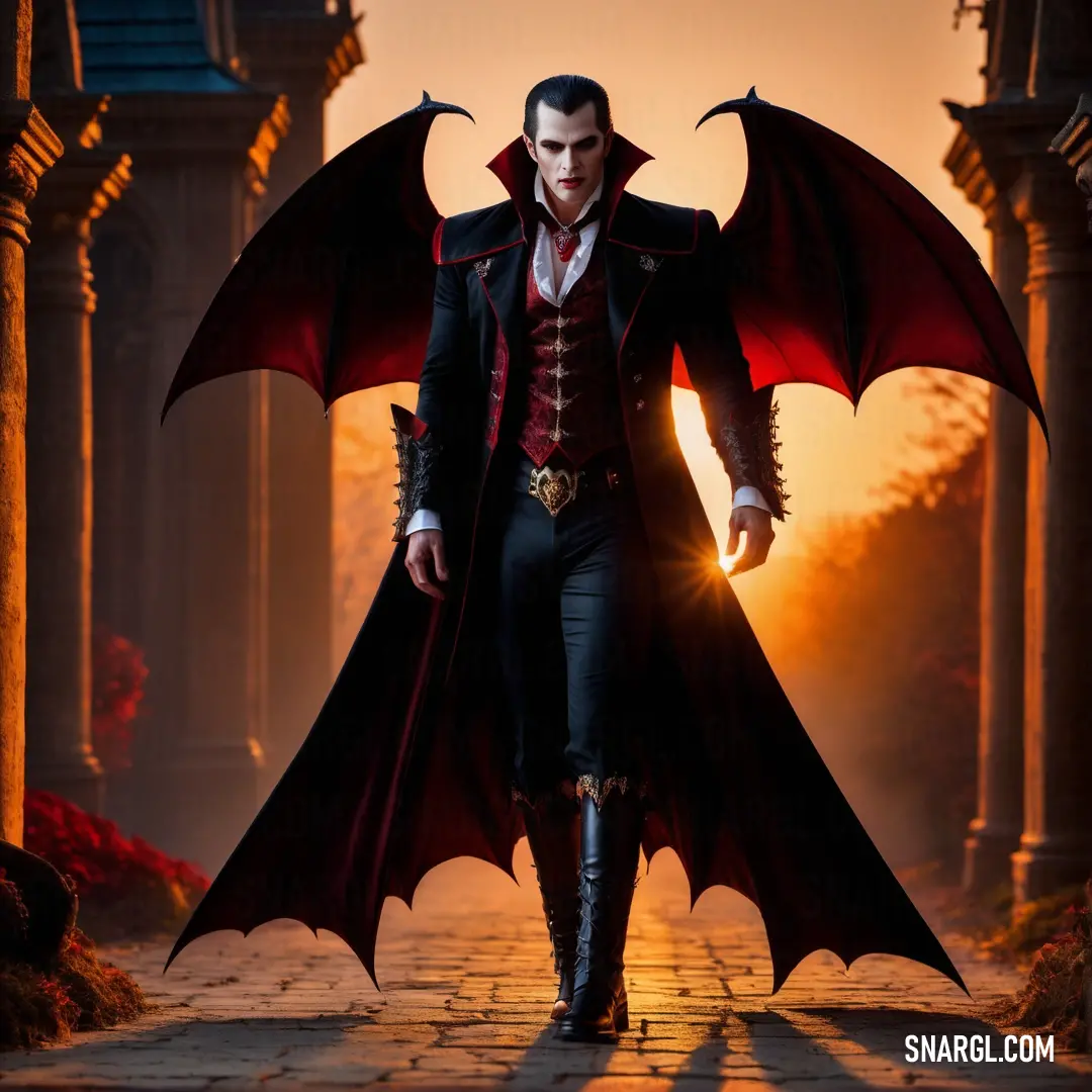 Man dressed in a dracula costume walking down a street at sunset with a bat on his shoulder and a red cape