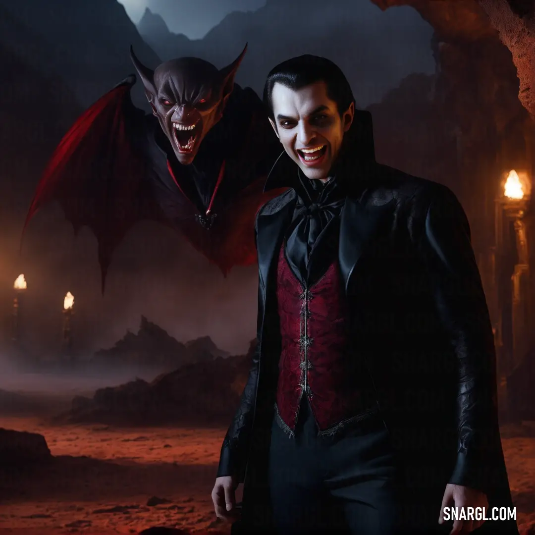 Vampire standing next to a demon in a cave with a full moon behind him