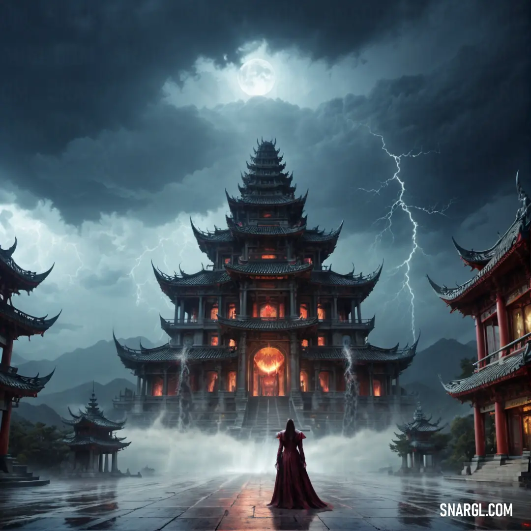 Vampire in a red cape standing in front of a castle with lightning in the sky above it