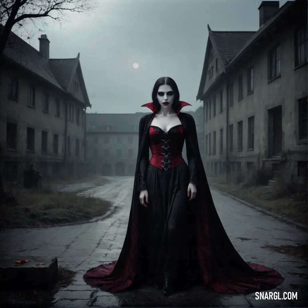 Vampire dressed in a gothic costume standing in a street in front of a building with a full moon